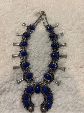 Silver-Tone Necklace with Deep Blue Oval Stones - Designer Style